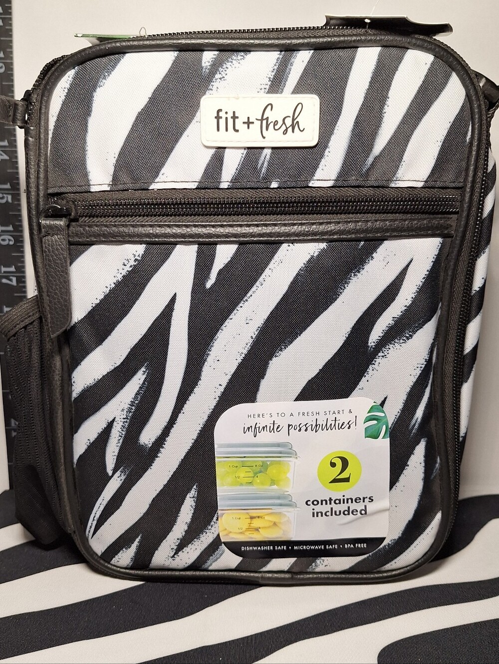 NWT Fit + Fresh Lunch Bag/Case, Zebra Stripes, Black & White, W/ 2 Containers